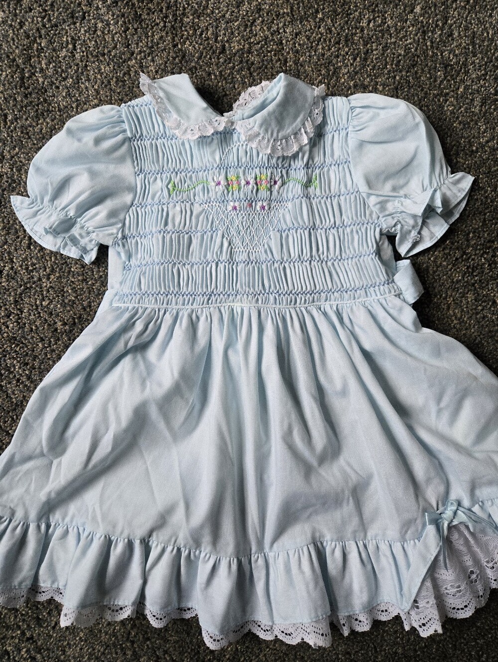 Light Blue Smocked Girls' Dress with Lace Collar 4T